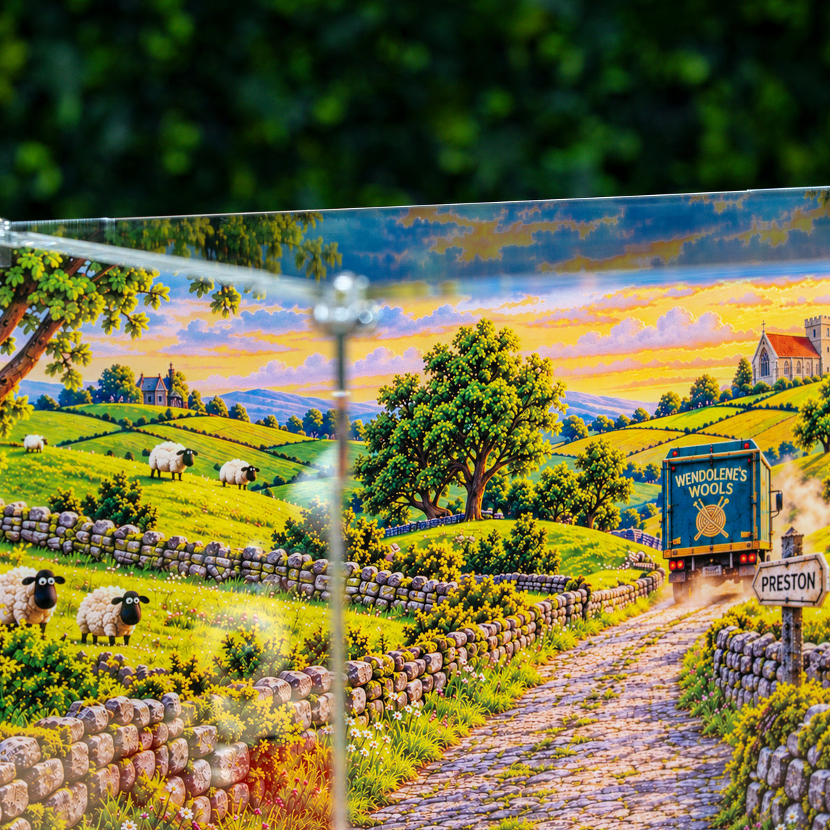Close view of the printed background: rolling fields, sheep, a church and a lorry on a country lane