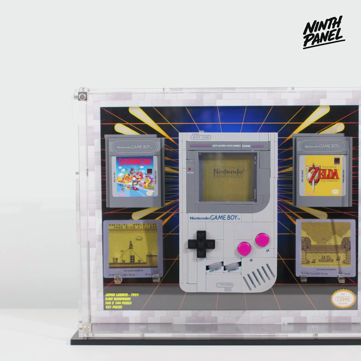 Game Boy Display Case for LEGO Set 72046: fitting the console and the case on a wall and a sideboard
